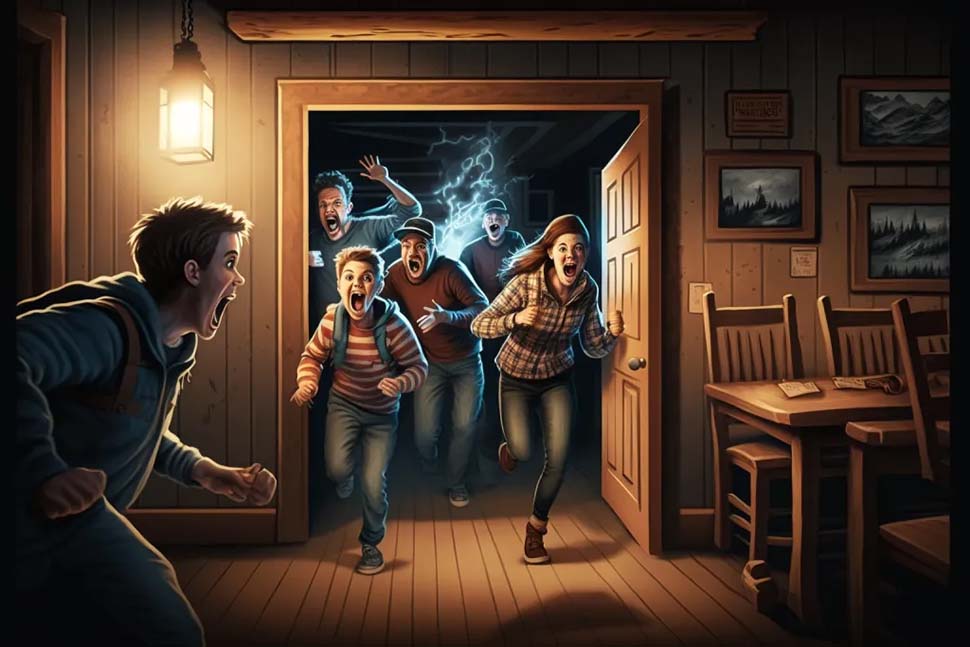 Players in the cabin escape room
